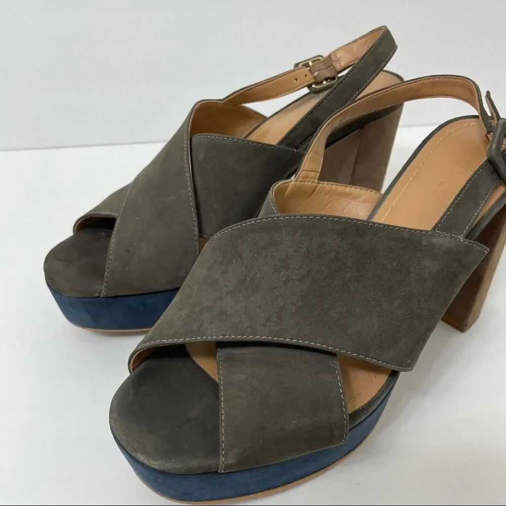 Klub Nico Gray Tan Navy Suede Chunky Heeled Platform Sandals